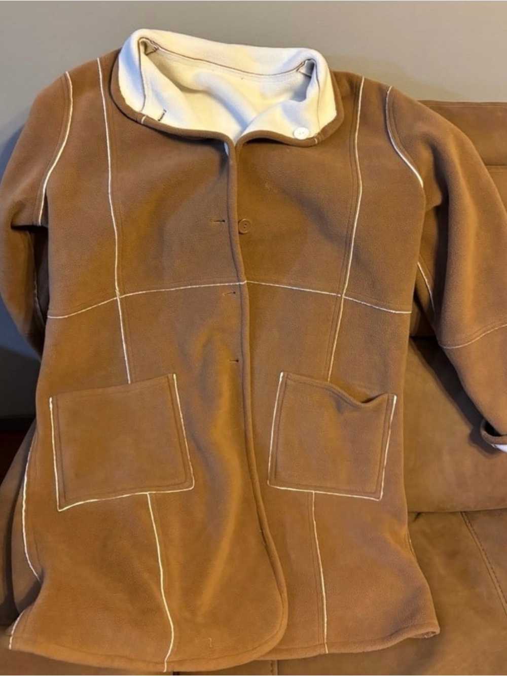Women’s Brown Fleece Coat with Contrast Stitching, medium
